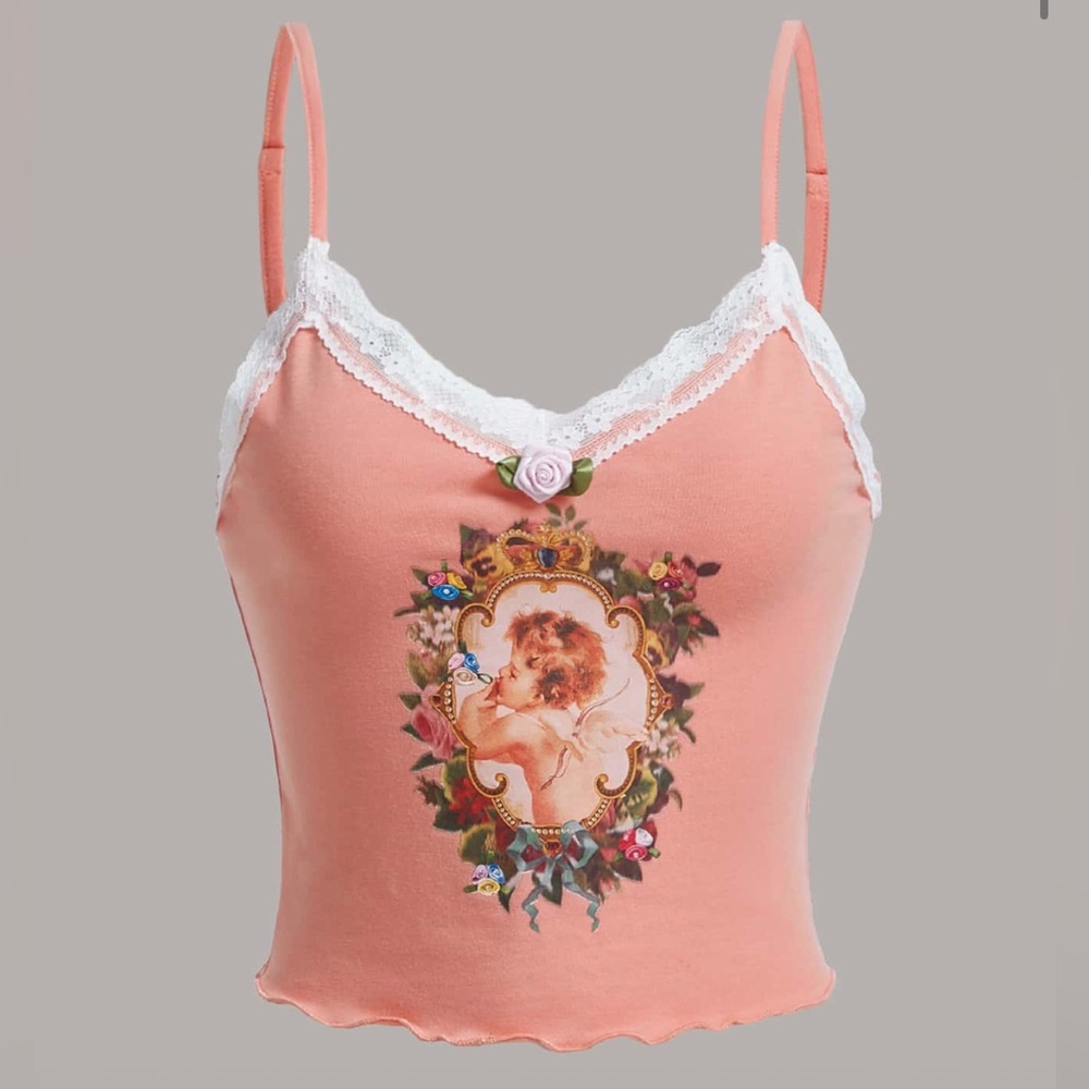 Floral Lace Trim Pink Cami Top